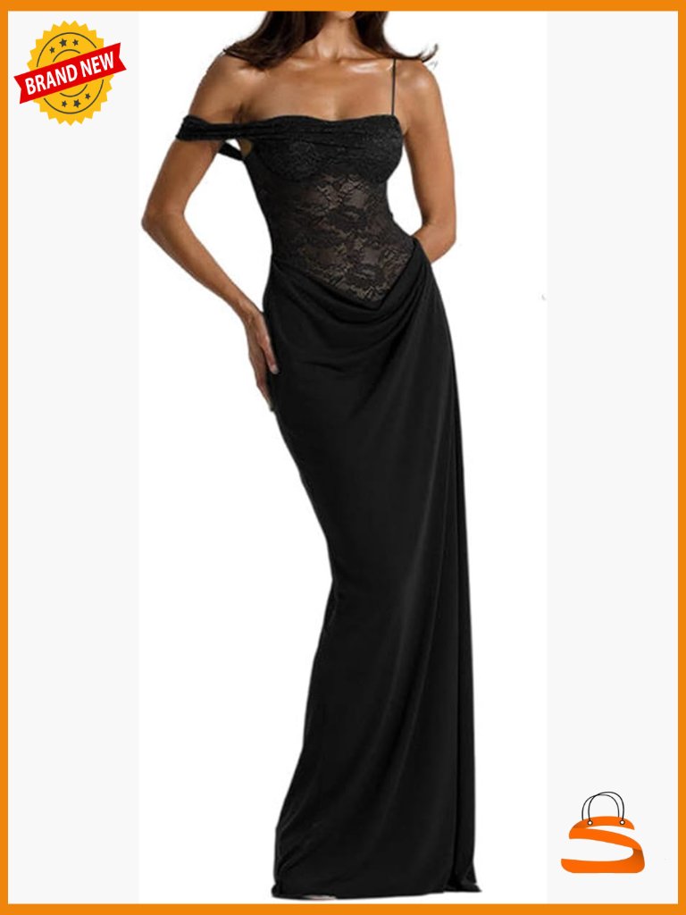 Sheer Off Shoulder Bodycon Maxi Dress Lace Panel Split